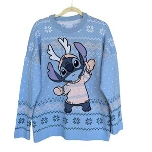 Disney Stitch Sweater Womens XL Blue Reindeer Christmas Fair Isle Ugly Knit